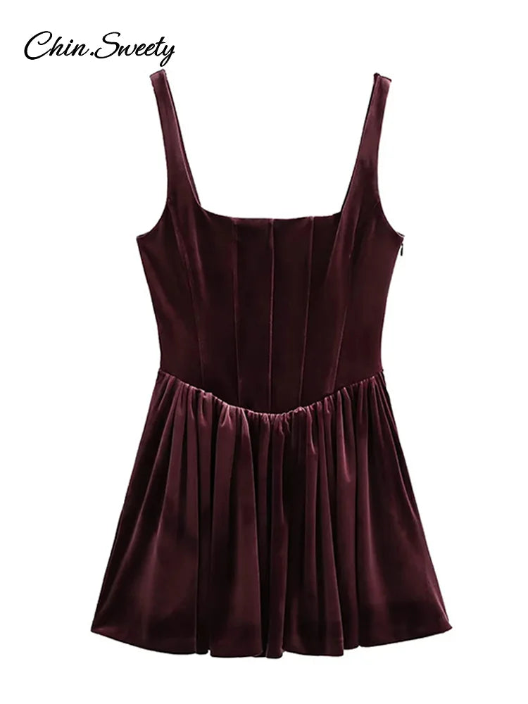 Fashion Velvet Sling Mini Dress Women Square Collar Sleeveless Backless A-line Zipper Party Dresses  Elegant Lady Vestidos