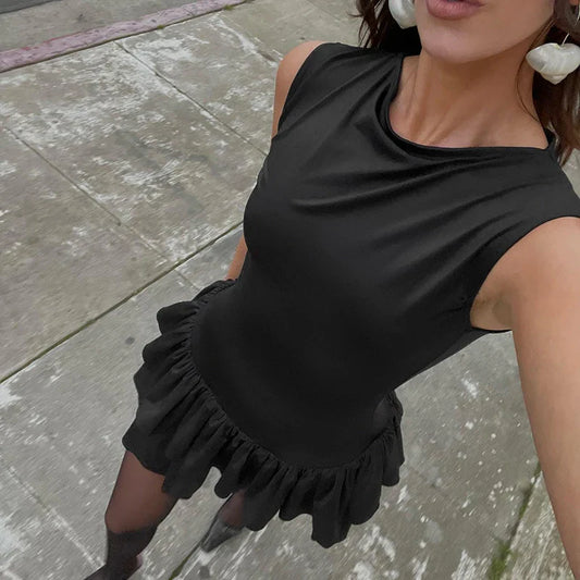 Ruffles Splice Sexy Vest Mini Dress For Women Sleeveless Slim Fit Fashion Solid Color Hot Girl Club Party Dress Female