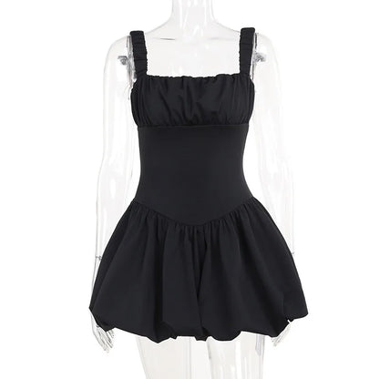 Satin Suspender Mini Dress For Women Ball Gown Splice Sexy Sleeveless Ruched Solid Summer New Princess Party Dress Female