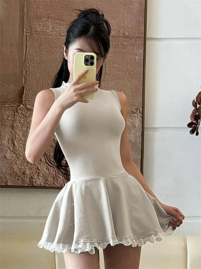 Autumn Lace Patchwork Mini Dress For Women Ruffled Sleeveless Elegant Slim Party Dress Gown Female Luxury High Waist Dress