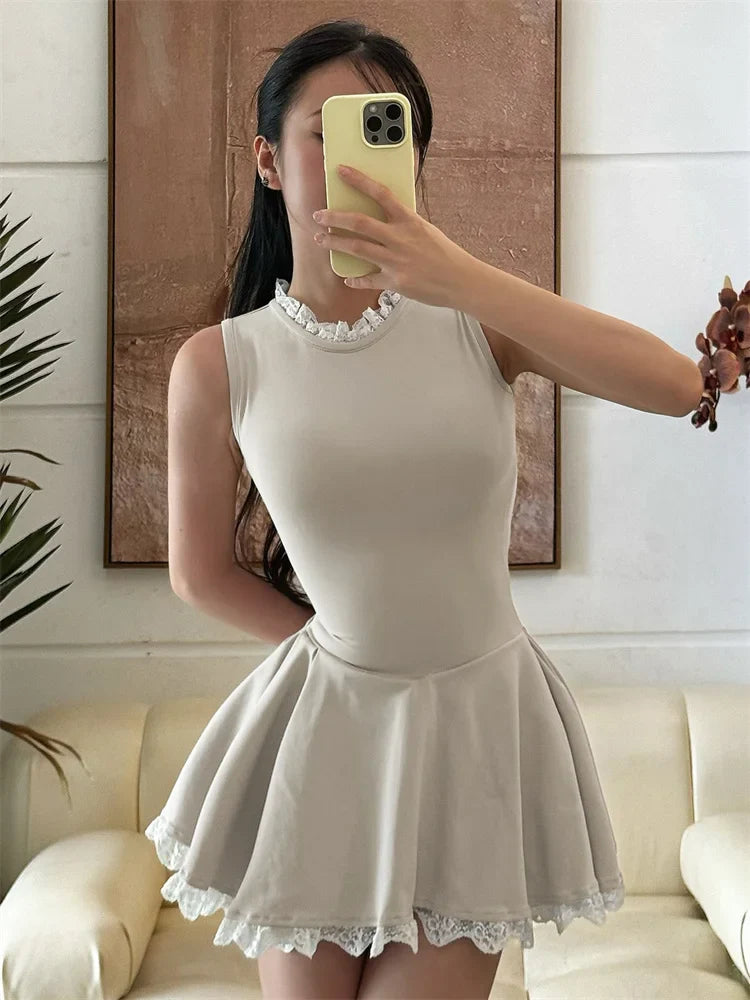 Autumn Lace Patchwork Mini Dress For Women Ruffled Sleeveless Elegant Slim Party Dress Gown Female Luxury High Waist Dress