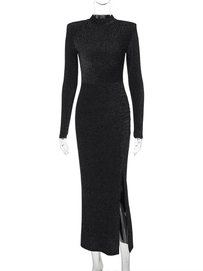 Black Sequin Slim Maxi Dress Women’s Sexy High Waist Party Dress Clothes Solid Shiny Commute Gown Autumn Female Long Dress