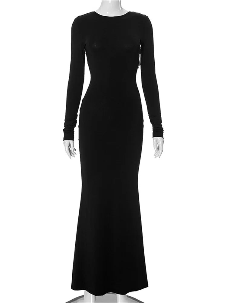 Black Tee Bow Backless Long Dress Women’s Fashion High Waist Luxury Elegant Party Dress Gown Female Autumn Maxi Dress
