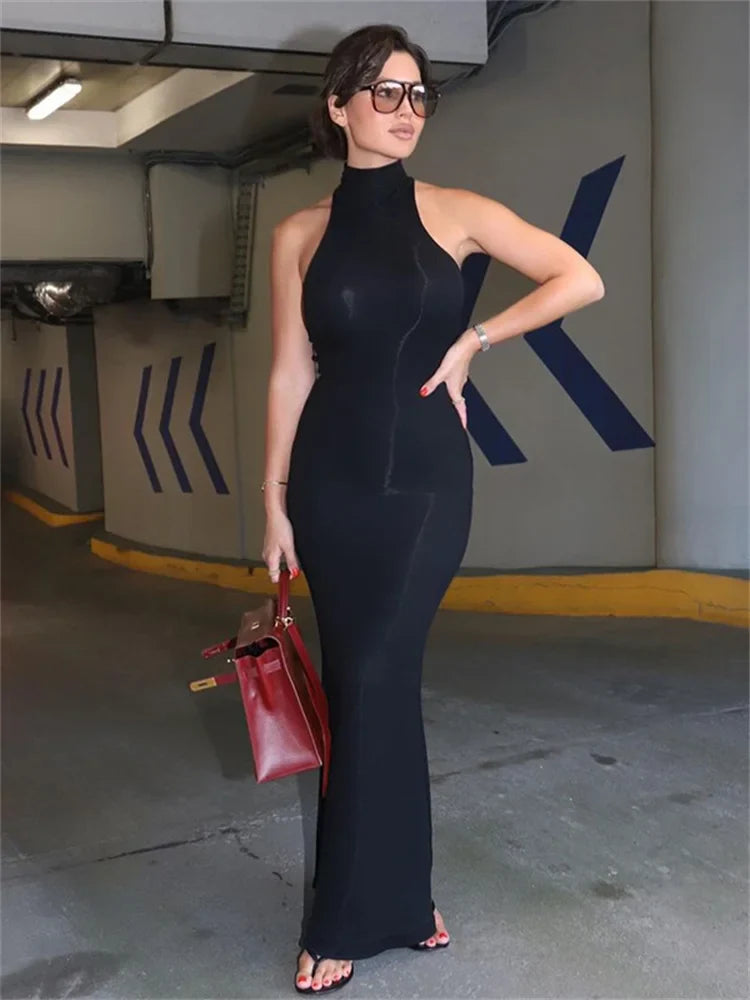 Black Turtleneck Slim Maxi Dress For Women High Waist Solid Slim Summer Patchwork Elegant Party Dress Women’s Long Dress