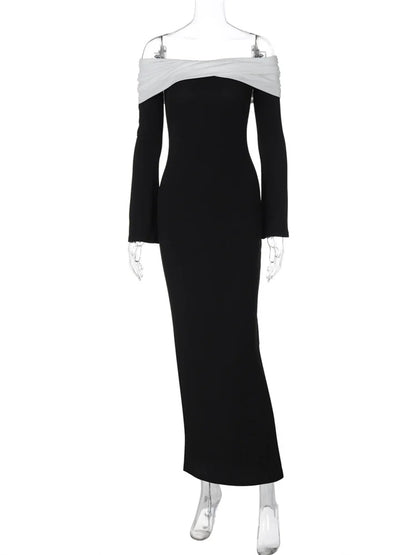 Elegant Contrast Slim Maxi Dress Female Off-Shoulder Fashion Twist Long Sleeve Patchwork Dress Ladies Party Dress Clothes