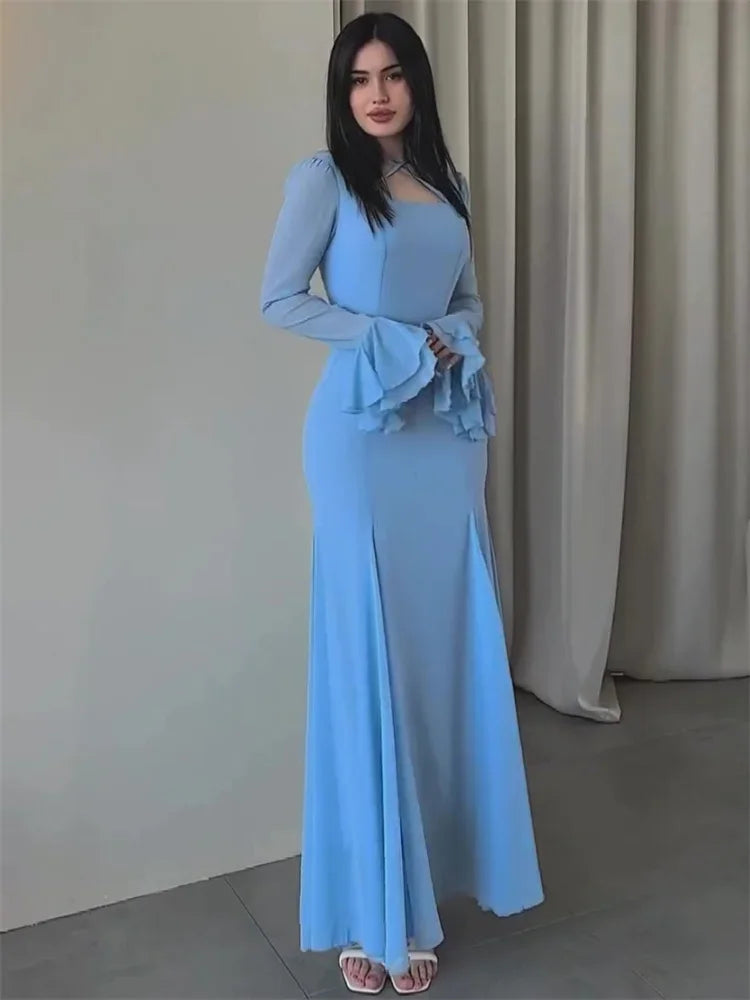 Fashion Autumn Ruffled Long Dress Women Bandage Slim High Waist Elegant Patchwork Party Dress Women’s Chiffon Maxi Dress