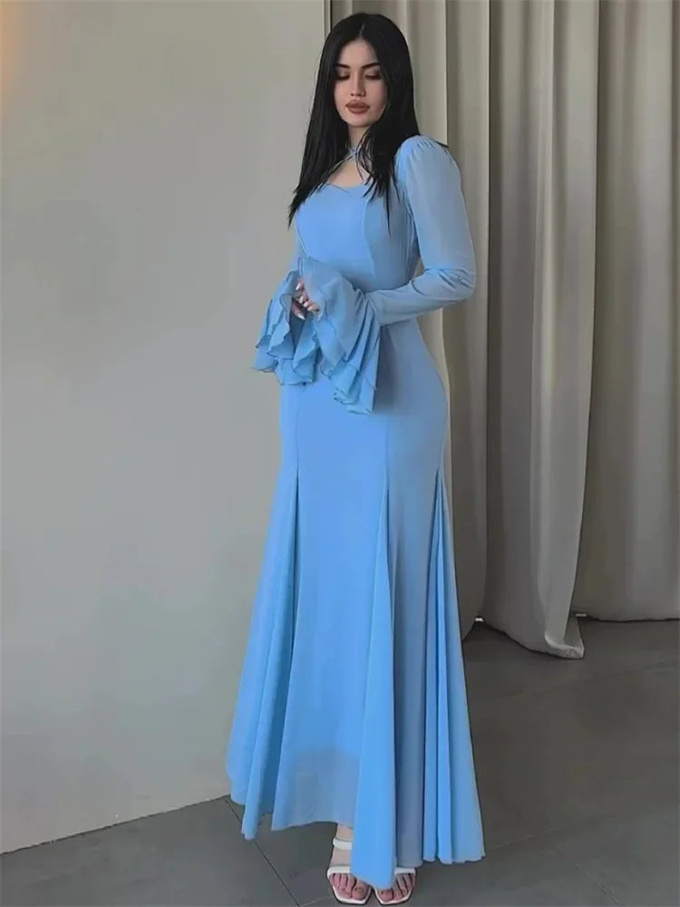 Fashion Autumn Ruffled Long Dress Women Bandage Slim High Waist Elegant Patchwork Party Dress Women’s Chiffon Maxi Dress
