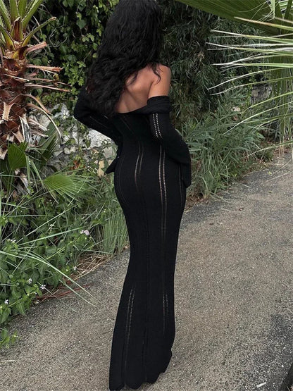 Hollow Out Knitwear Backless Long Dress Women’s Slim High Waist Skinny Autumn  Elegant Party Dress Female Knit Dress