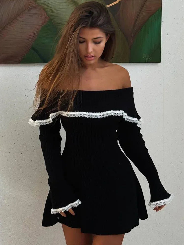 Knit Off-Shoulder Sweater Mini Dress Women’s Lace Patchwork Ribbed Slim Backless Elegant Party Dress Knitwear Mini Dress
