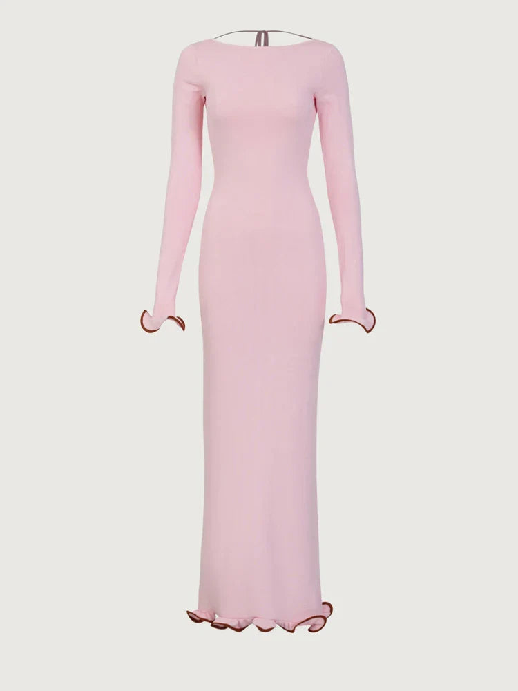 Knit Sweater Ruffled Long Dress Women Backless Fashion Ribbed Long Sleeve Elegant Party Dress Female Knitwear Autumn Dress
