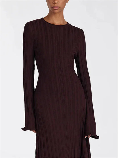 Knitwear Fashion Loose Maxi Dress Women Lace-Up High Waist Ribbed Long Sleeve Party Dress Female Knit Bandage Long Dress