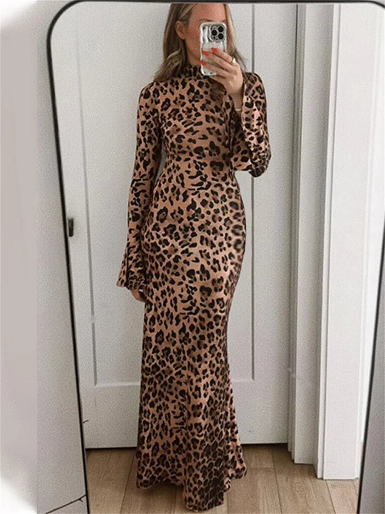 Leopard Printed Slim Long Dress Female Fashion Patchwork Contrast Elegant Long Sleeve Party Dress For Women Autumn Dress