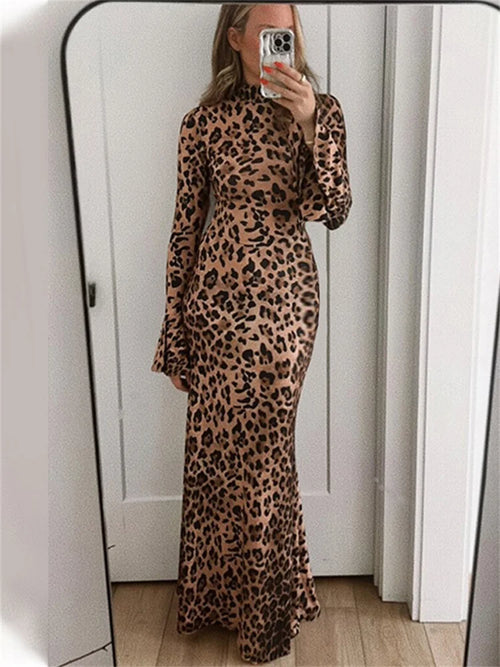 Leopard Printed Slim Long Dress Female Fashion Patchwork Contrast Elegant Long Sleeve Party Dress For Women Autumn Dress