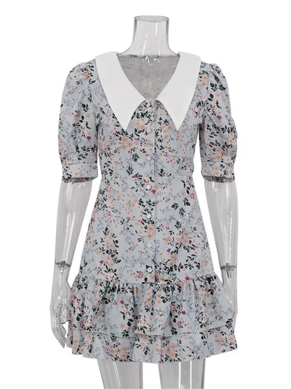 Printed Ruffled V-Neck Mini Dress Female Short Sleeve Fashion Slim High Waist Elegant Party Dress Women’s Summer Dress New