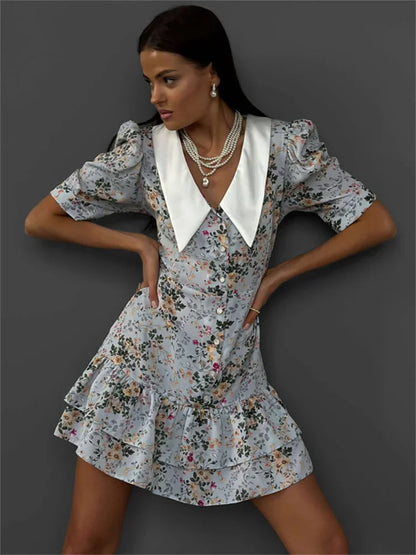 Printed Ruffled V-Neck Mini Dress Female Short Sleeve Fashion Slim High Waist Elegant Party Dress Women’s Summer Dress New
