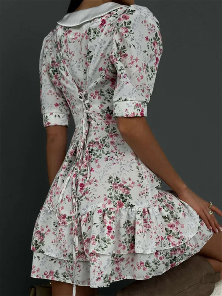 Printed Ruffled V-Neck Mini Dress Female Short Sleeve Fashion Slim High Waist Elegant Party Dress Women’s Summer Dress New