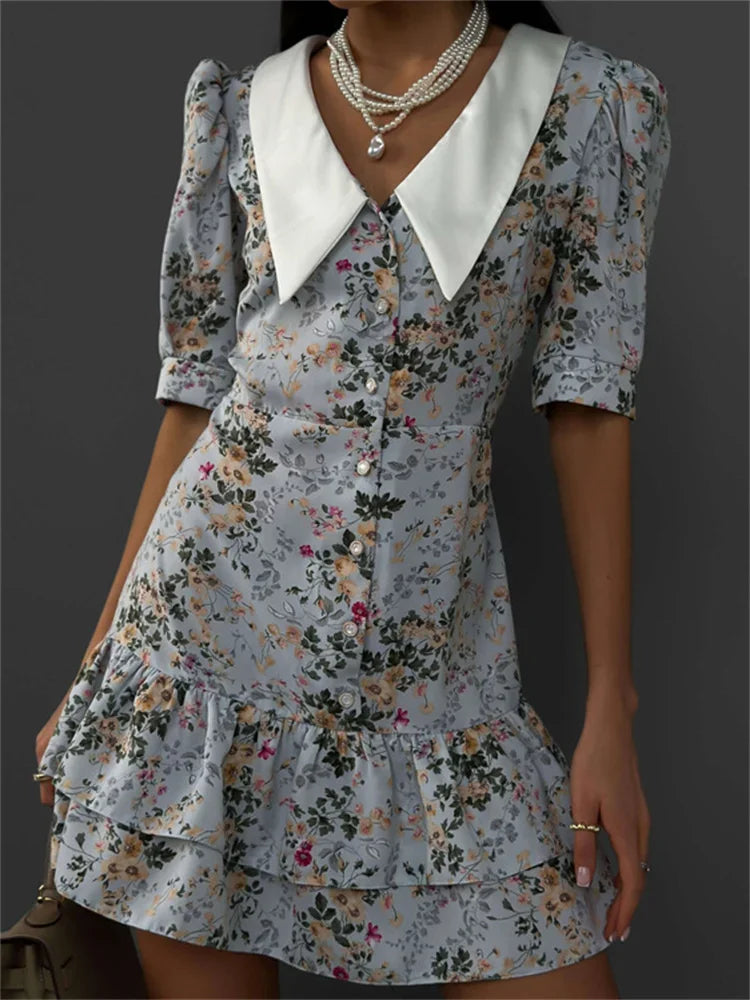 Printed Ruffled V-Neck Mini Dress Female Short Sleeve Fashion Slim High Waist Elegant Party Dress Women’s Summer Dress New