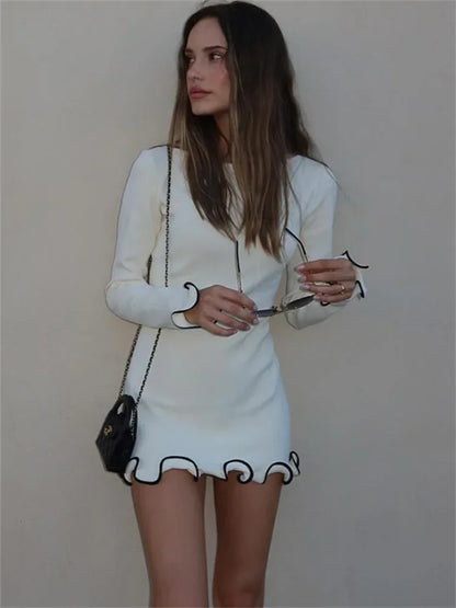 Ruffled Autumn Fashion Mini Dress Women’s Slim Long Sleeve Patchwork Elegant  Party Dress Casual Female Mini Dress New