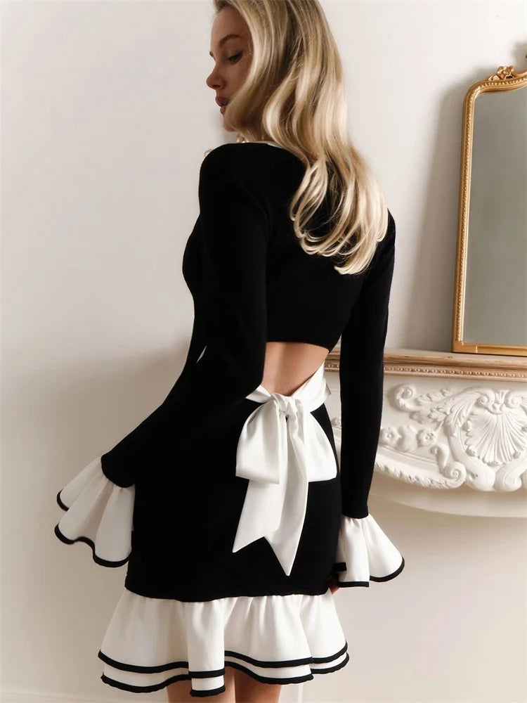 Ruffled Backless Tee Bow Mini Dress Female Slim High Waist Fashion Elegant Party Dress Commute Clothes Summer Dress 2025