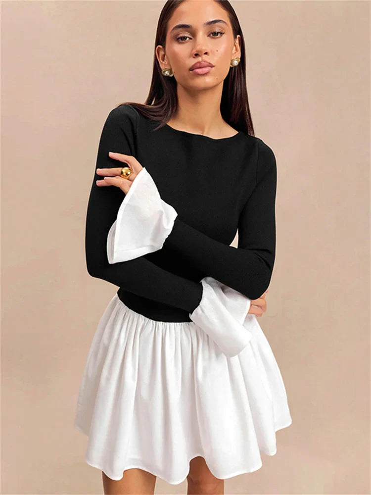 Ruffled Contrast Casual Mini Dress Women’s Patchwork High Waist Elegant Fashion Party Dress  Female Y2k Mini Dress New