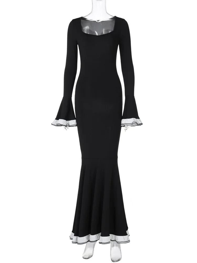 Ruffled Fashion Elegant Long Dress For Women High Waist Square Collar Patchwork Slim Solid Party Dress Female Maxi Dress