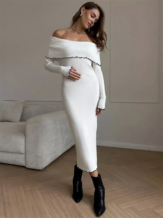 Ruffled Slim Knit Dress Women’s Backless Long Sleeve Bandeau Contrast Autumn  Party Dress Fashion Knitwear Maxi Dress