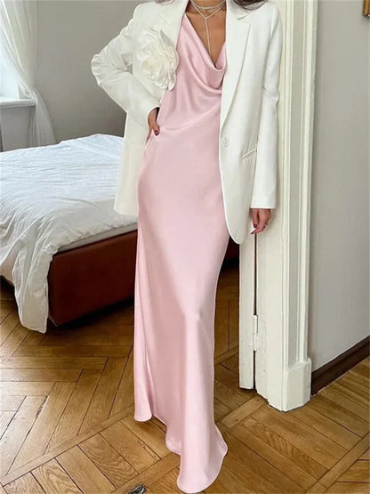 Satin Backless Fashion Long Dress Women’s Lace-Up Elegant Autumn  High Waist Solid Dress Female Bandage Party Dress