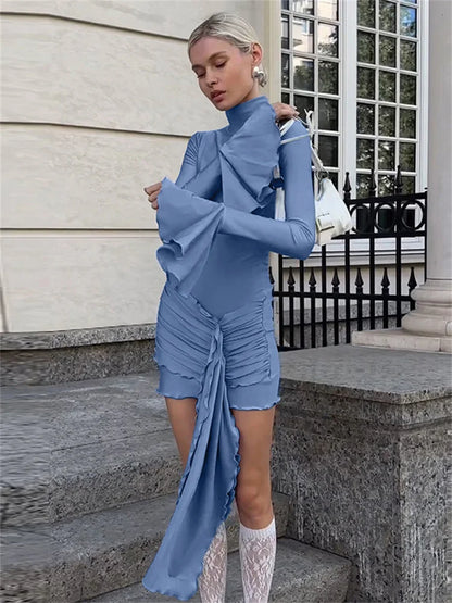 Sexy Skinny Ruffled Mini Dress Female Long Sleeve Turtleneck Slim Fashion Tassel Elegant Party Dress Autumn Women’s Dress