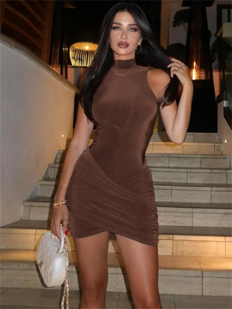 Sexy Sleeveless Patchwork Mini Dress Female Solid Skinny Pleated Fashion High Waist Casual Dress For Women Party Dress New