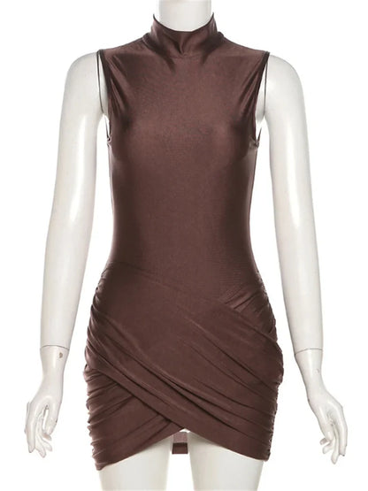 Sexy Sleeveless Patchwork Mini Dress Female Solid Skinny Pleated Fashion High Waist Casual Dress For Women Party Dress New