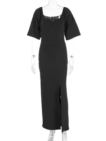 V-Neck Fashion Short Sleeve Dress Women High Waist Solid Pleated Elegant Patchwork Party Dress Ladies Autumn Long Dress