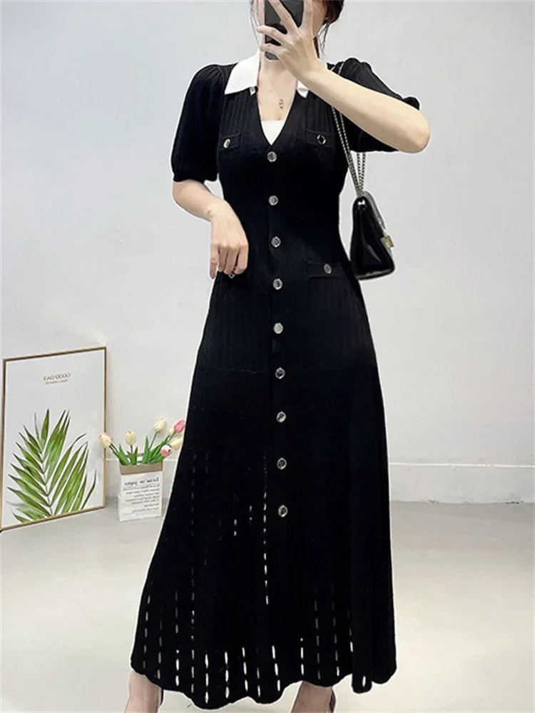 V-Neck Knit Contrast Long Dress Women Hollow Out Lapel Fashion High Waist Elegant Party Dress Knitwear Ladies Maxi Dress