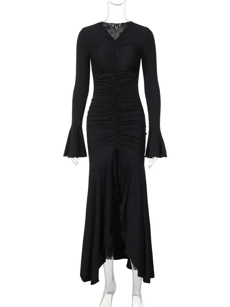 V-Neck Pleated Slim Long Dress Female Fashion Ruffled Patchwork Solid Elegant Party Dress New Women Maxi Dress Streetwear