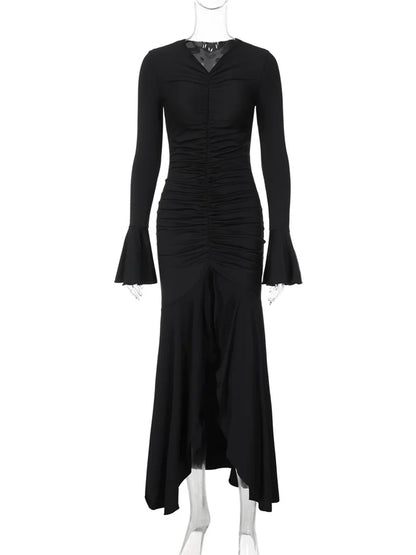 V-Neck Pleated Slim Long Dress Female Fashion Ruffled Patchwork Solid Elegant Party Dress New Women Maxi Dress Streetwear