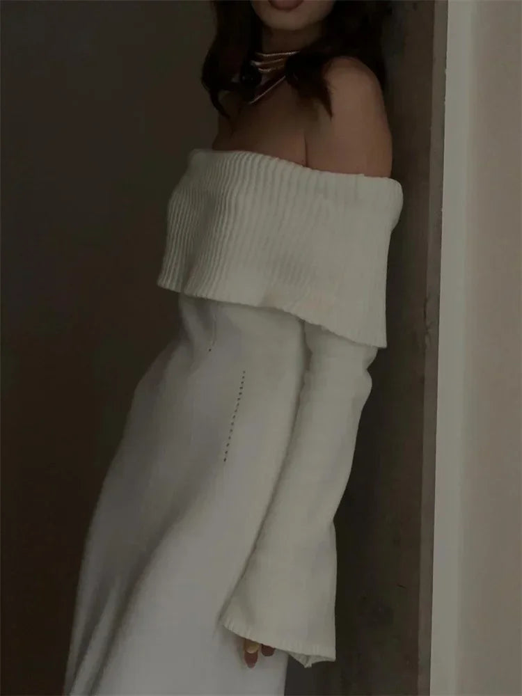 White Autumn Knit Sweater Long Dress Women Ribbed High Waist Fashion Off-Shoulder Loose Party Dress Female Knitwear Dress