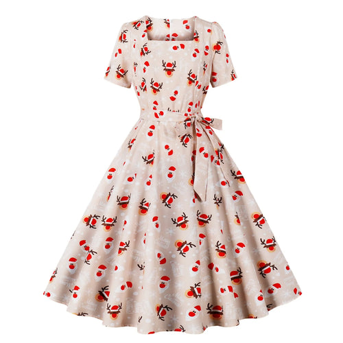 Trend Elegant Christmas Party Dresses Women Print Square Collar Short Sleeves Bowknot Leace-up A-line Dress Female New Vestidos