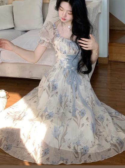Y2K Floral Midi Dress Women Kawaii Lolita Lace-up Square Collar High Waist Princess Evening Party Dresses Prom Robe Vestido New