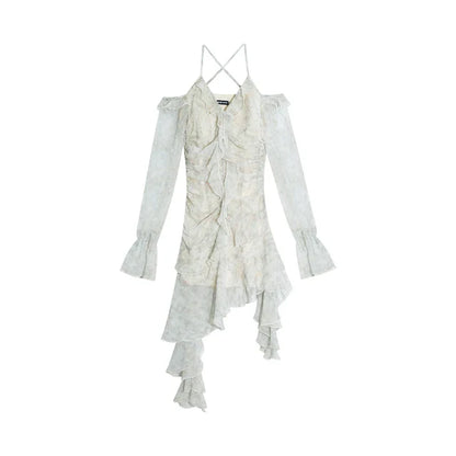 Y2K Ruffles Irregular Short Dress Women Summer New Tie Dye Flare Sleeves Spring Elegant Party Dress Prom Robe Halter Vestidos