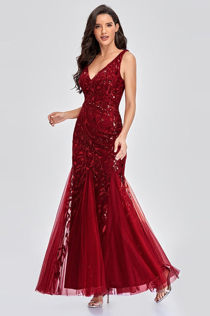 V Neck Sheer Embroidered Sequin Sexy Prom Dress