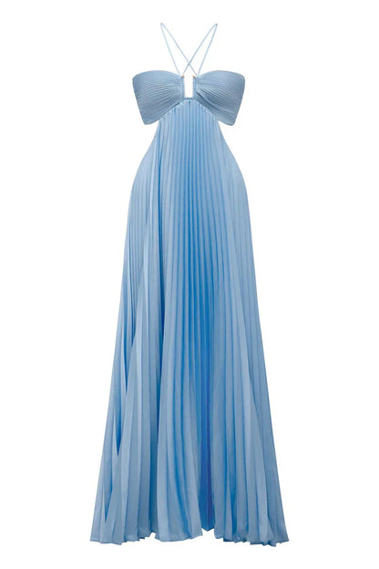 Sky Blue Halter Pleated Satin A Line Prom Dresses With Cutout