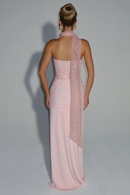 Ribbon Strapless Corset Maxi Evening Prom Dress