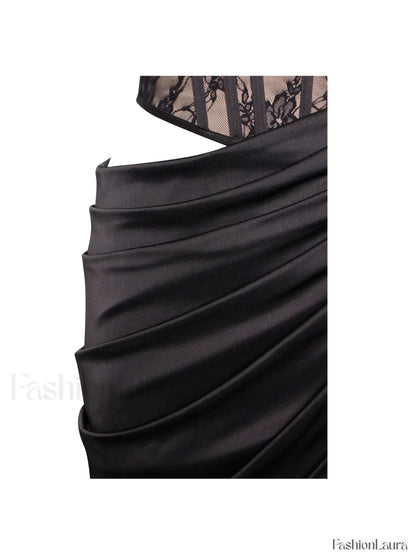 Callie Black Lace Satin Graceful Corset High Slit Gown