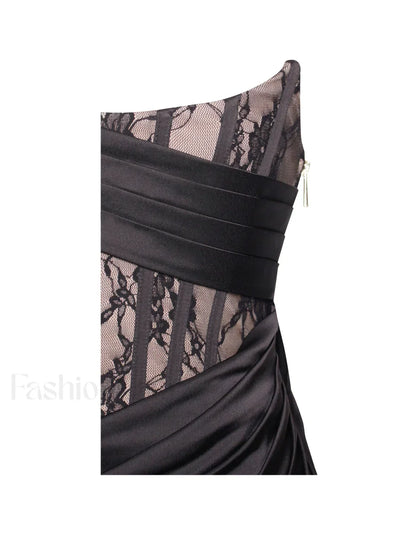 Callie Black Lace Satin Graceful Corset High Slit Gown