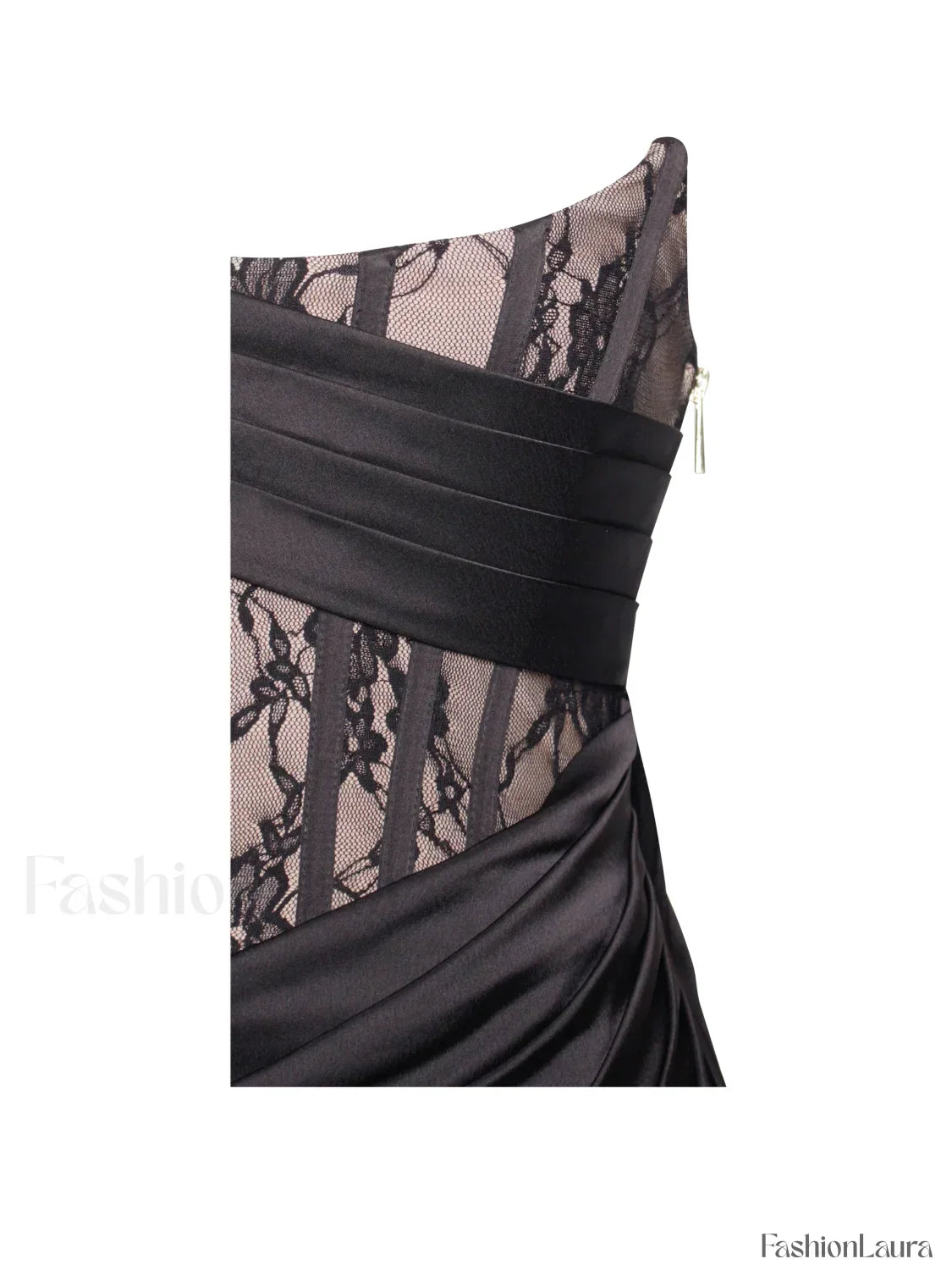 Callie Black Lace Satin Graceful Corset High Slit Gown