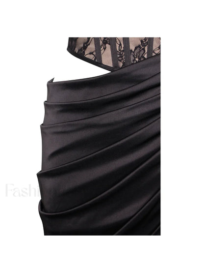 Callie Black Lace Satin Graceful Corset High Slit Gown