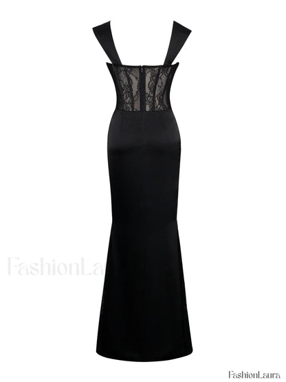 Callista Black Satin Charming Lace Corset Maxi Dress