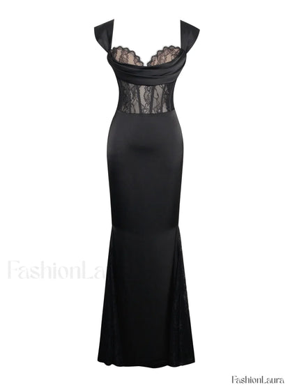 Callista Black Satin Charming Lace Corset Maxi Dress