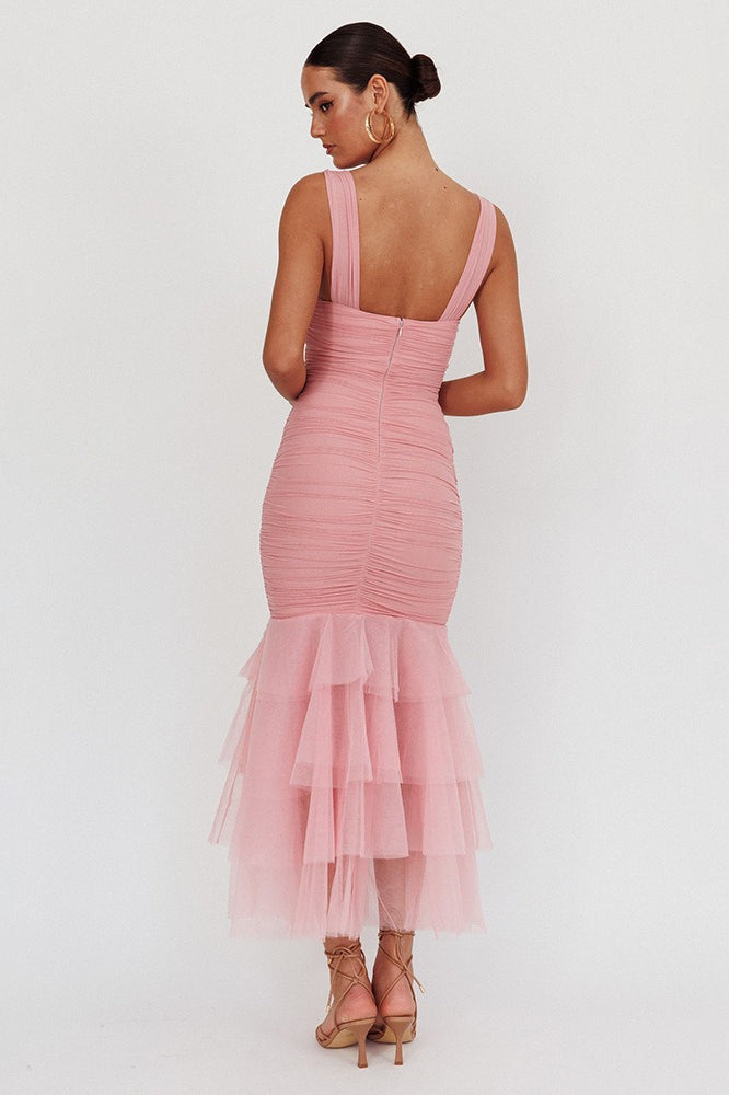 Mesh Insert Sexy Spaghetti Strap Ruched Prom Dress