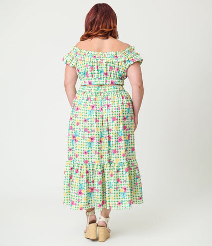 Disney Princess Collection by Unique Vintage Plus Size Green Gingham Tiered Midi Skirt