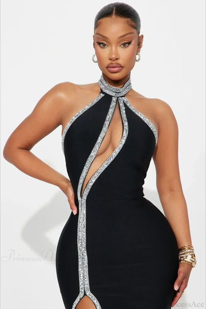 Elegant Halter Sleeveless High Waist Slit Evening Dress